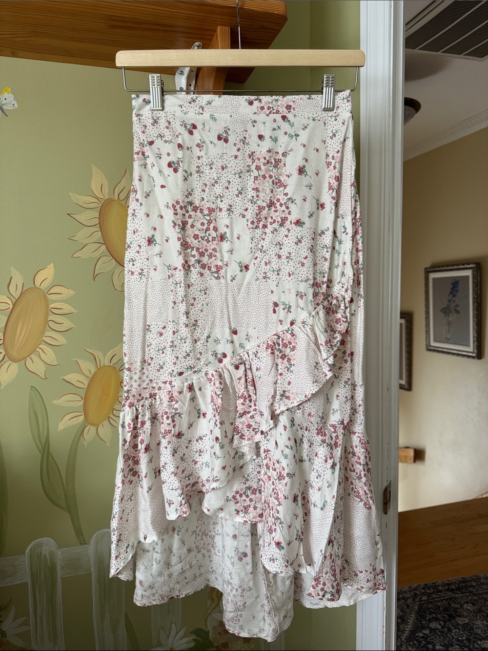 Ardene White Long Skirt with Ruffles, Strawberry and Pink Floral Detailing